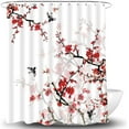 thumbnail image 3 of Red Floral Shower Curtain Japanese Cherry Blossom Plum Blossom Bird Asian Aesthetic Watercolor Traditional Art Vintage Bathroom Curtains Decor with Hook 72X72 Inch, 3 of 6
