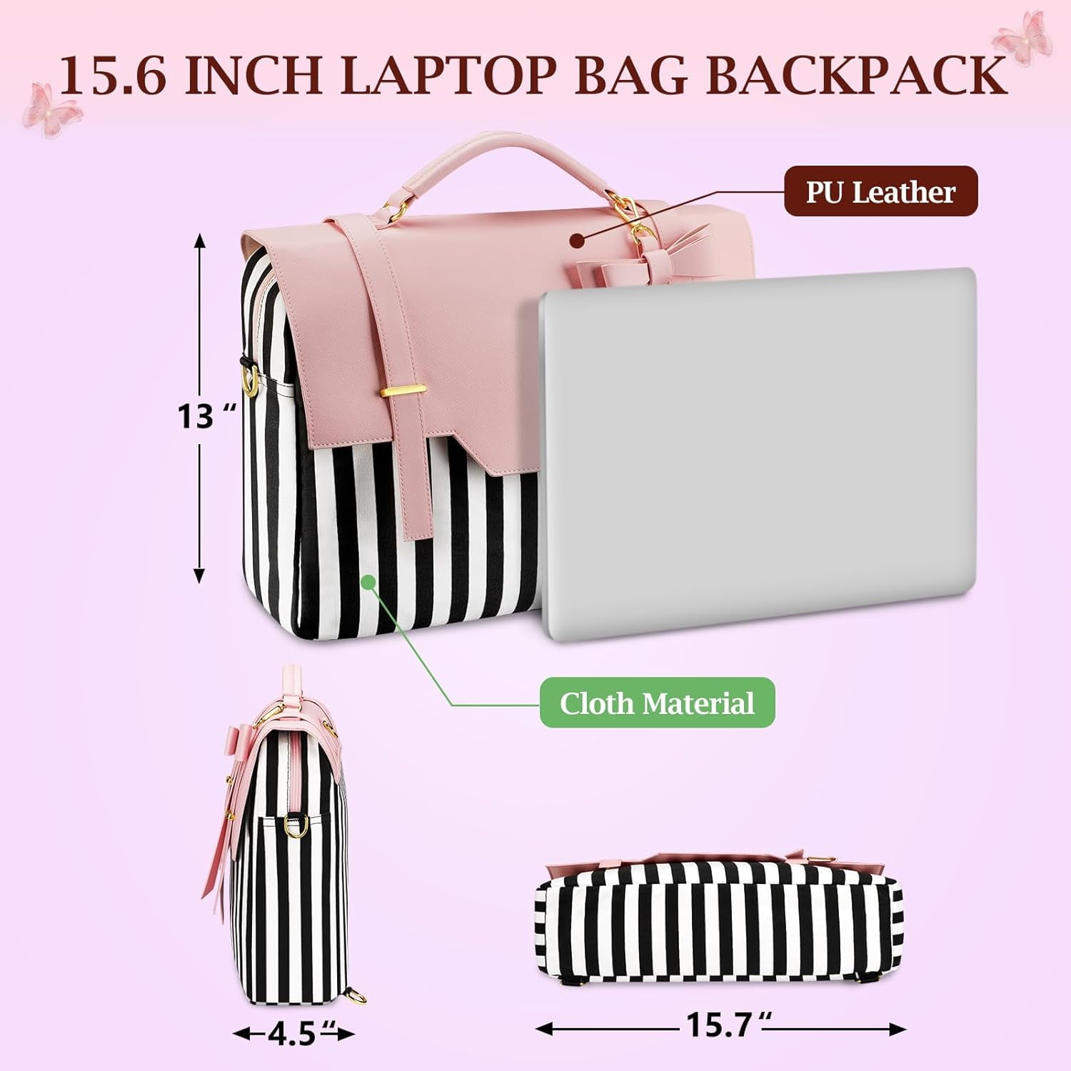 Matein 15.6inch Laptop Backpacks for Women, 3 in 1 Laptop Tote Bag with Bow for School and Work, Pink