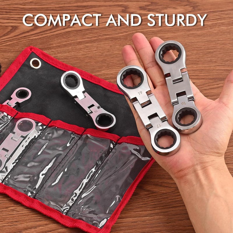 5 Pieces Stubby Wrenches Set, Flex Head Ratcheting Wrench Set Double Box End Ratchet Wrench Metric 8 -19 mm