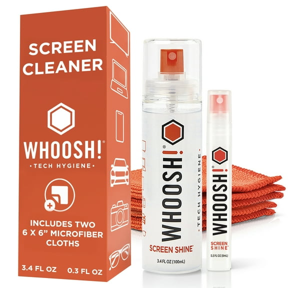 WHOOSH! Phone Cleaning Kit Duo – 3.4 oz & 0.3 oz Bottles with 2 Microfiber Cloths, Alcohol-Free Screen Cleaner for All Electronics, TVs, Laptops, Car Displays, Eyeglasses, Sports Visors, Whiteboards