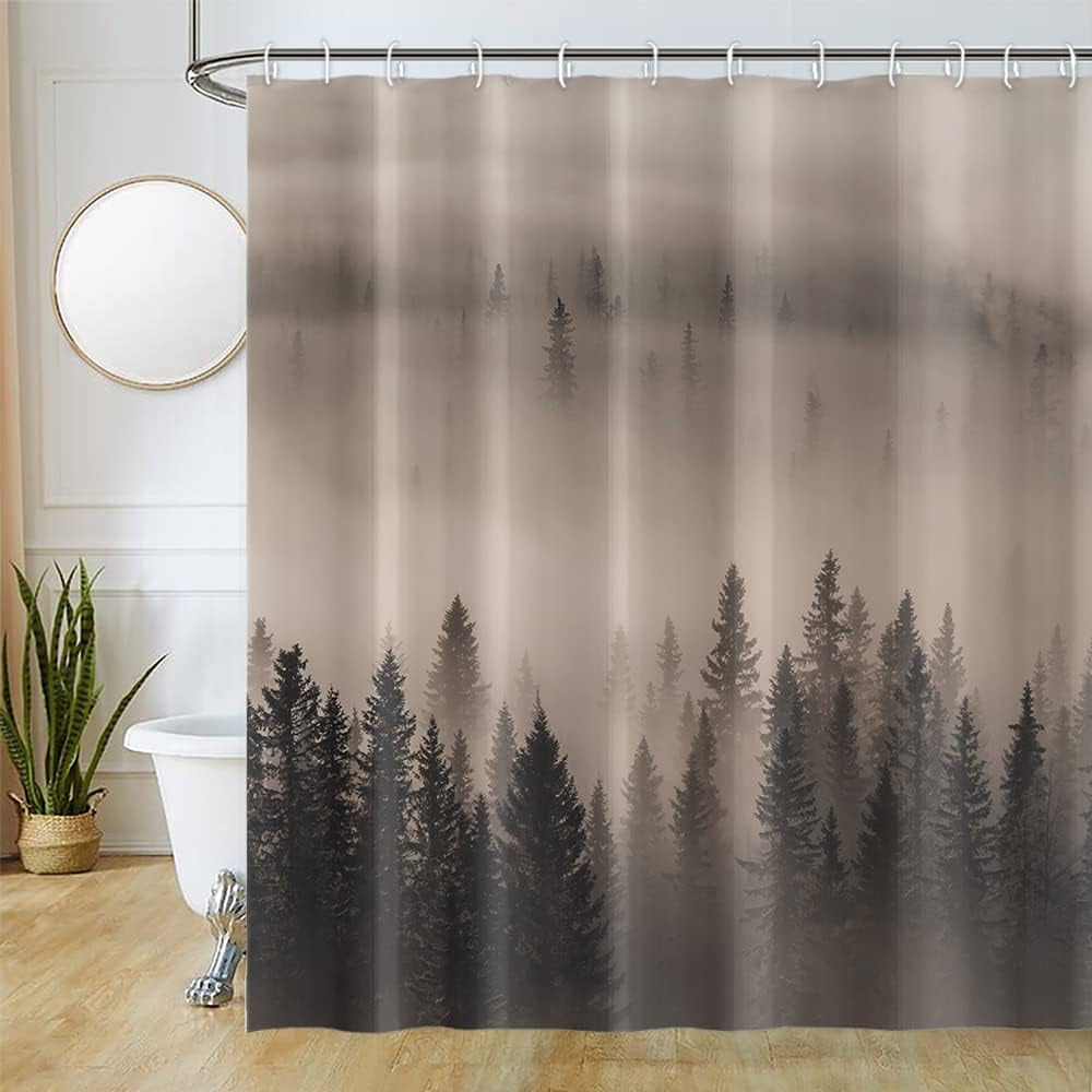 JOOCAR Misty Forest Shower Curtains for Bathroom Decor Nature Woodland Pine Trees Fog Landscape