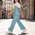 thumbnail image 3 of HBGVBA Girls 2 Piece Outfit Short Sleeve Colorblock Top with Wide Leg Pants Casual Set for 4-13 Years, 3 of 5