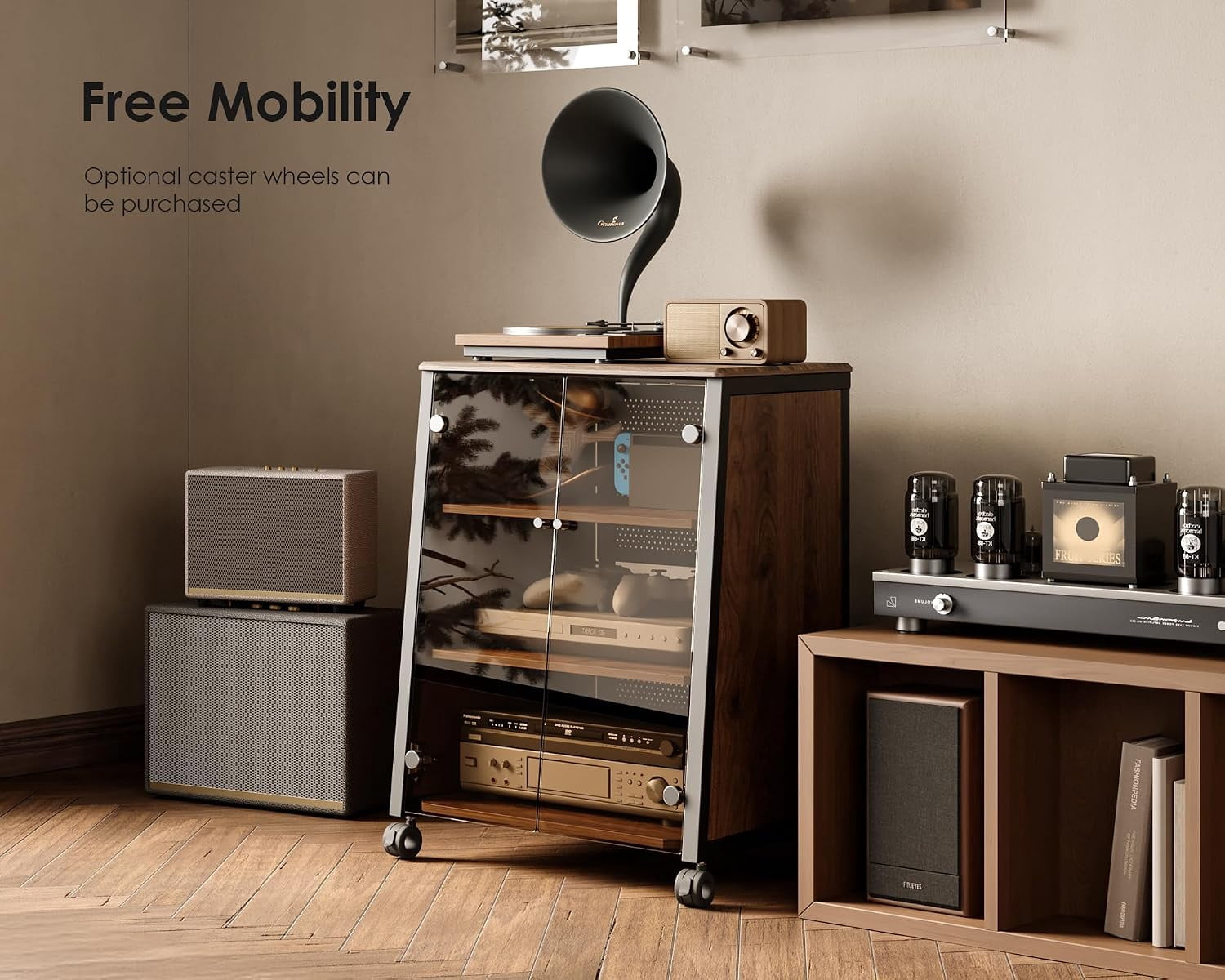 FITUEYES 4-Tier Media Stand with Tempered Glass Doors, Audio Component Cabinet, Dark Wood