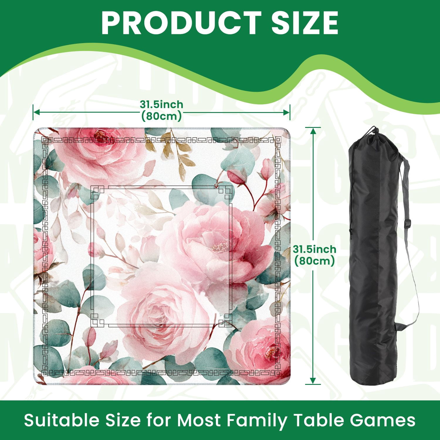 Mahjong Mat 31.5" x 31.5" Seamless watercolor floral pink flowers green leaves Non-Slip Noise Reduction American Mahjong Tiles Table Cover for Dominoes Poker Card Board Games Gift