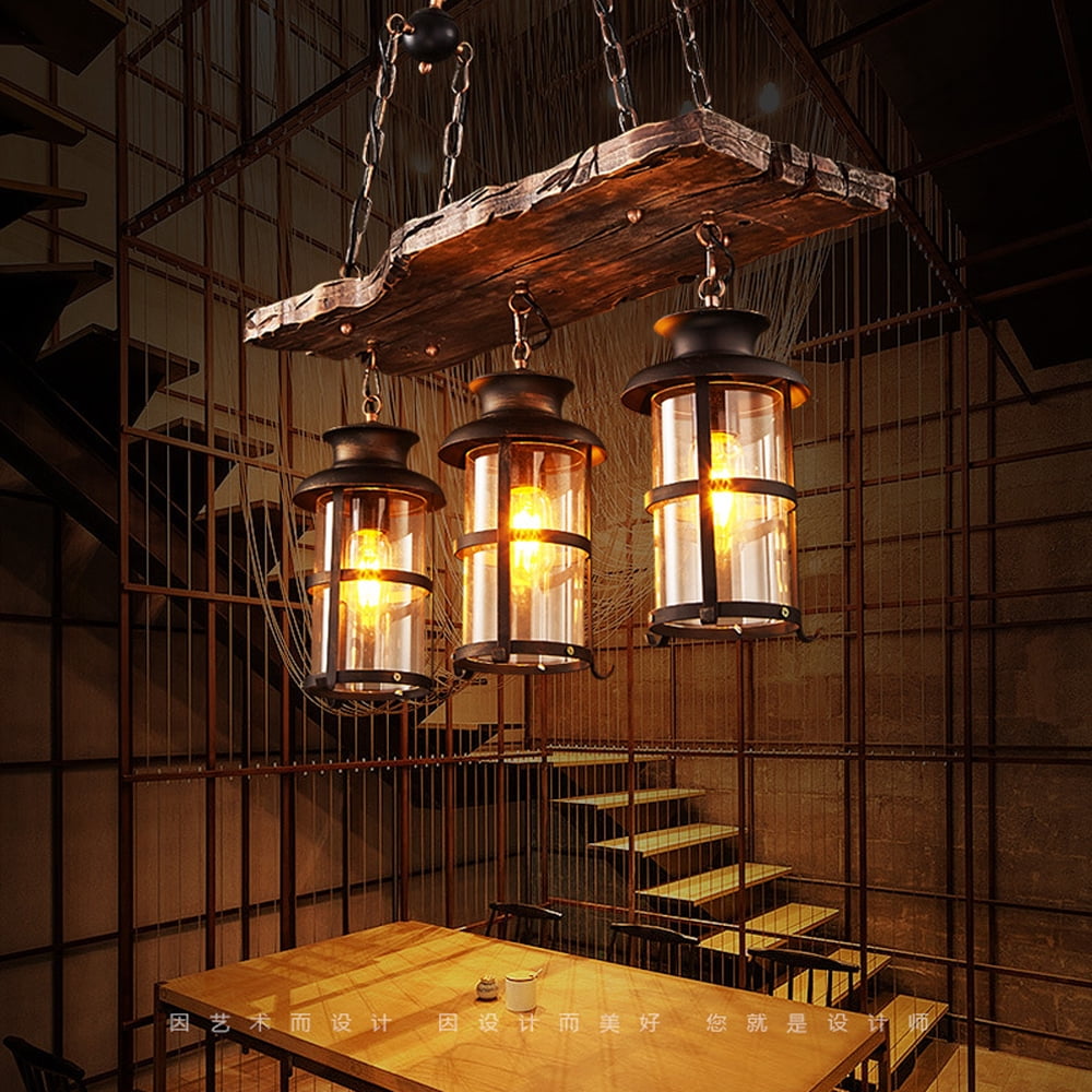 Antique Retro 3-Light Chandelier, Wood & Iron Pendant Light, Rustic Ceiling Light for Home, Bar, Restaurant, Café, Vintage Lighting Fixture