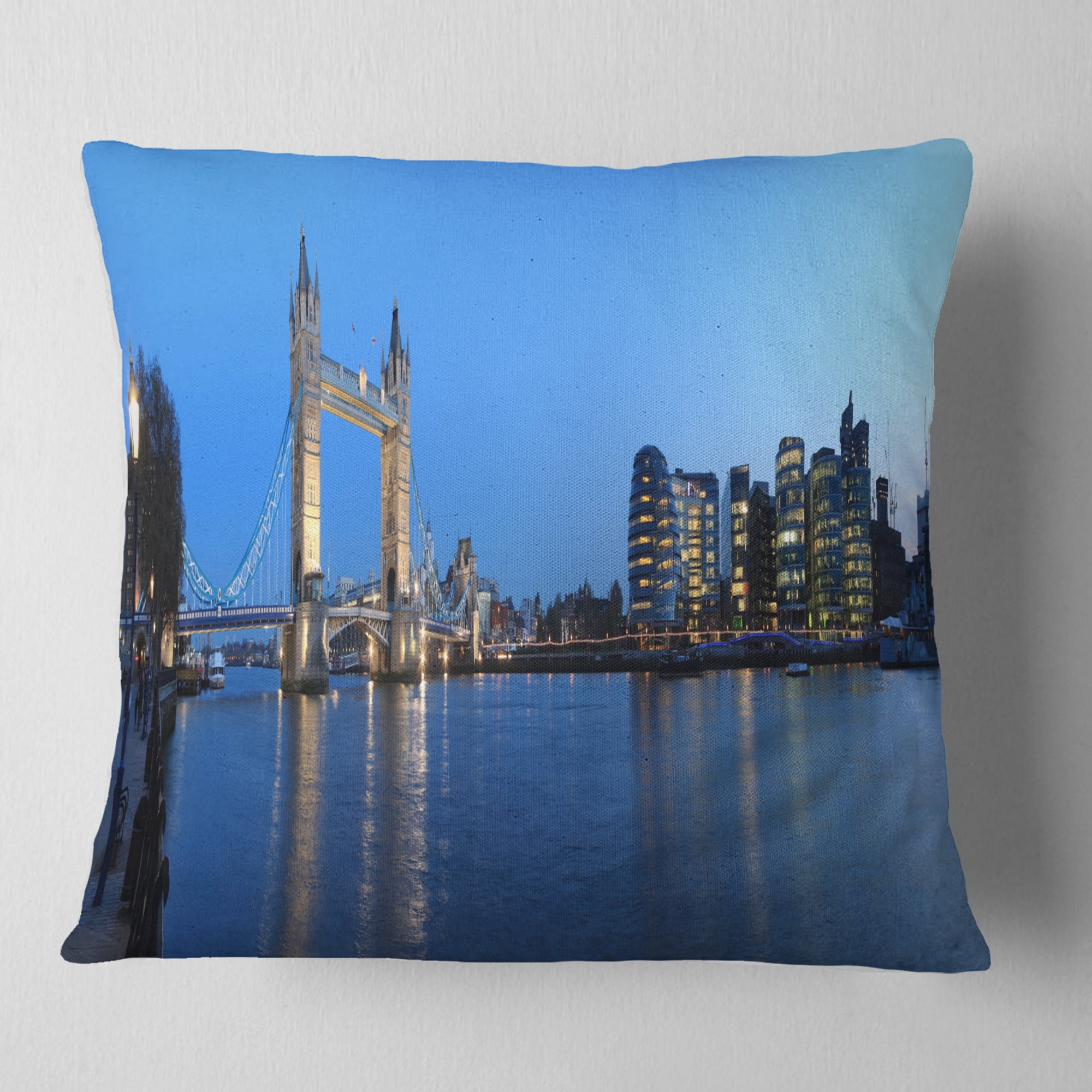 Designart London Tower Bridge in Blue - Cityscape Photo Throw Pillow - 18x18