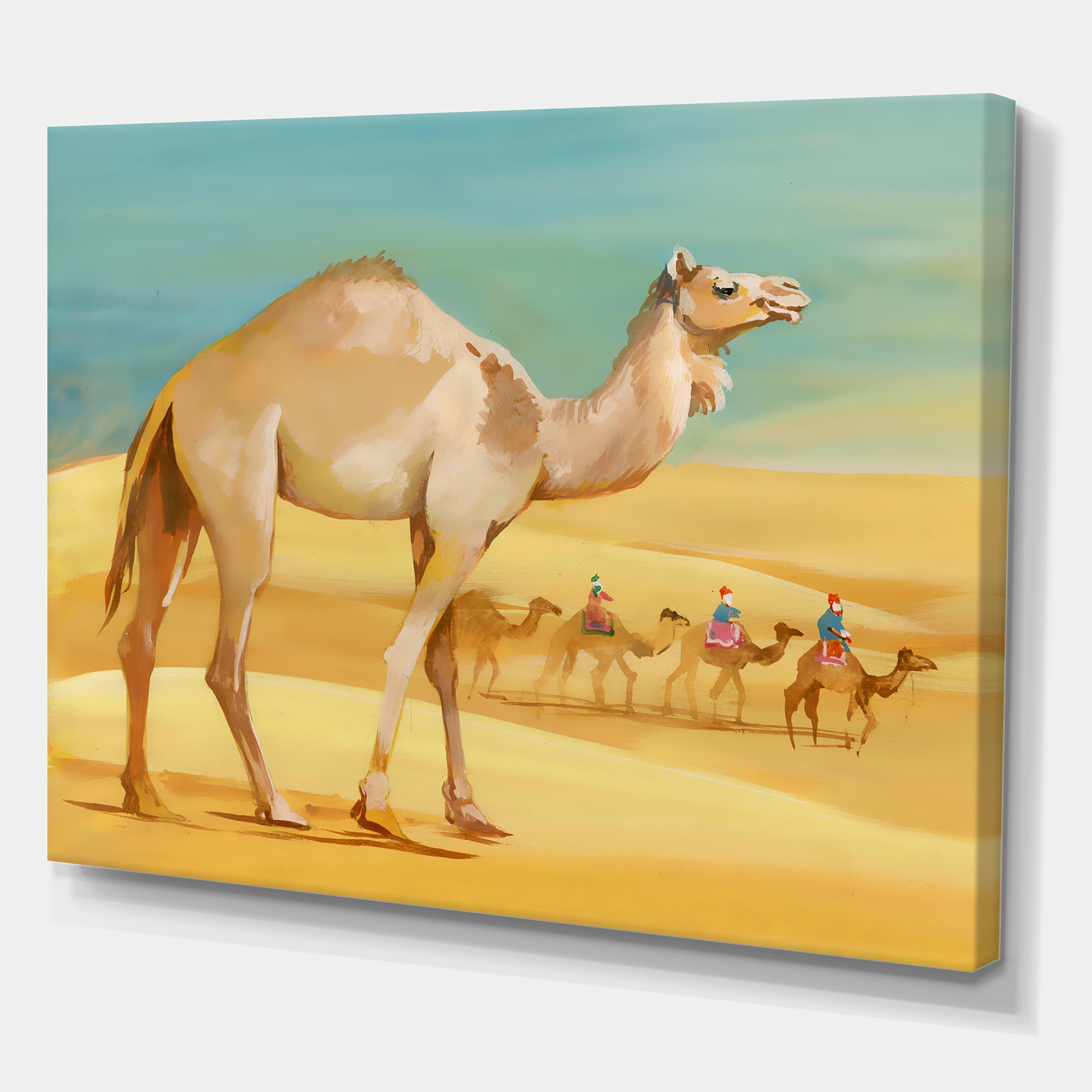 Camels In Wild Desert I 8 in x 12 in Painting Canvas Art Print, by Designart