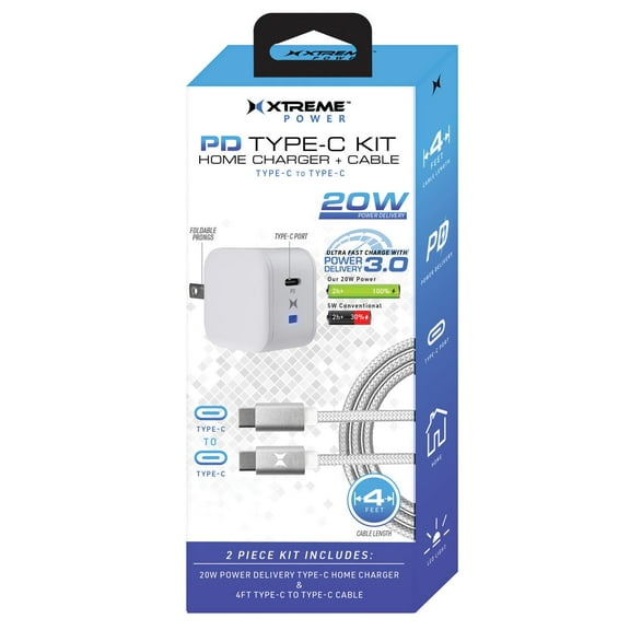 Xtreme 20W White Type-C Home Charger and 4ft Cable Kit, Repower Phones and Tablets