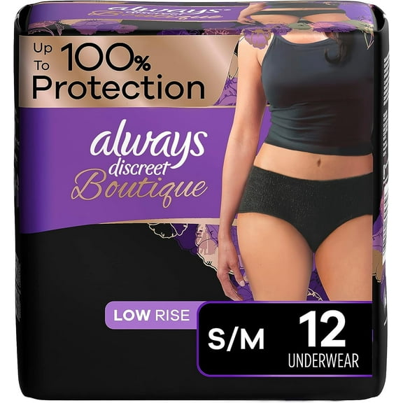 Always Discreet Boutique Low-Rise Postpartum Incontinence Underwear Size S/M Maximum Absorbency, Up to 100% Leak Protection, Black, 12 Count (Pack of 1)