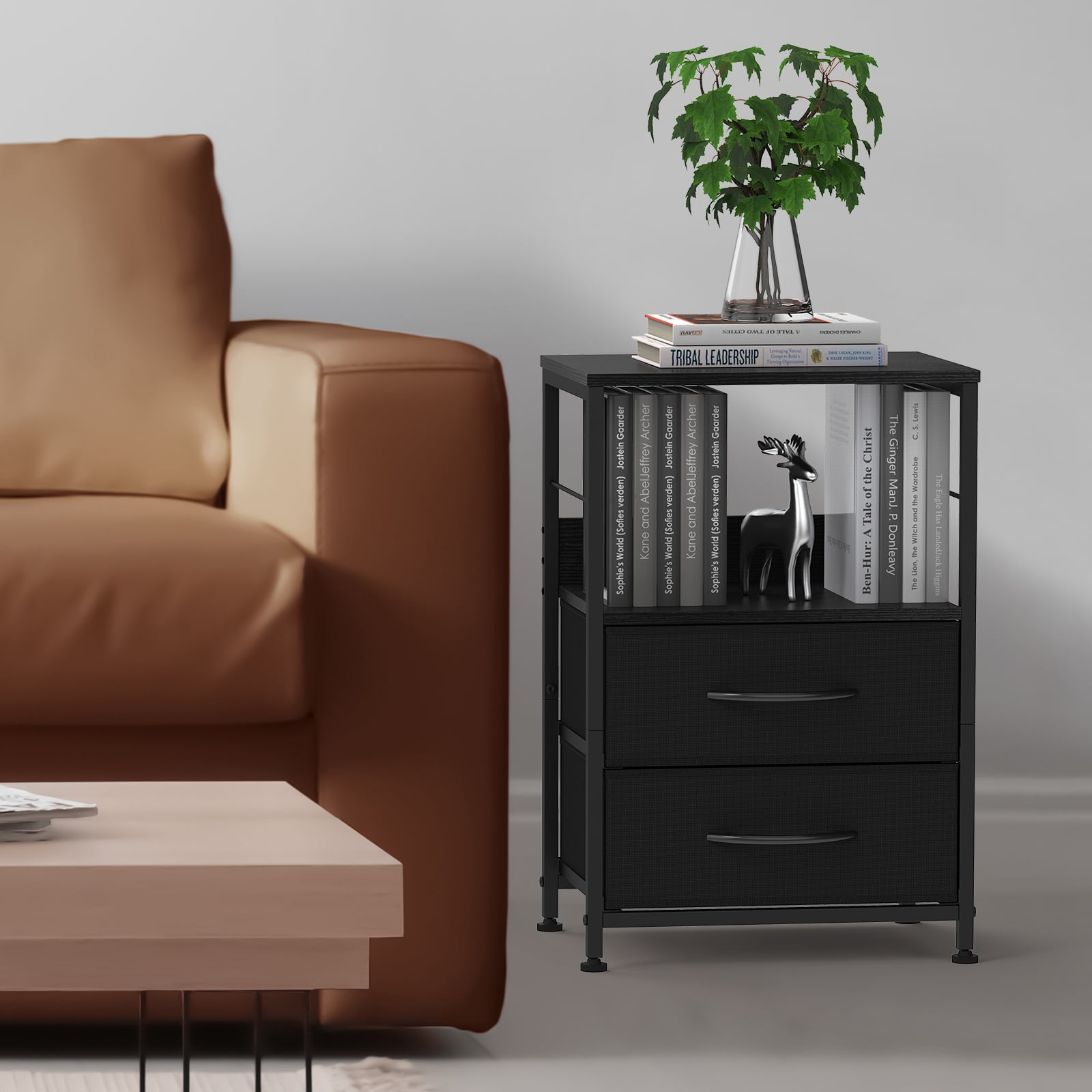 Oumilen Adult Nightstand for Bedroom End Side Table with 2 Drawers and Open Shelf Wood, Black Set of 2