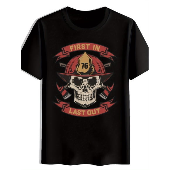 Men'S Casual Round-Neck T-Shirt Featuring a Skull Firefighter Helmet Print