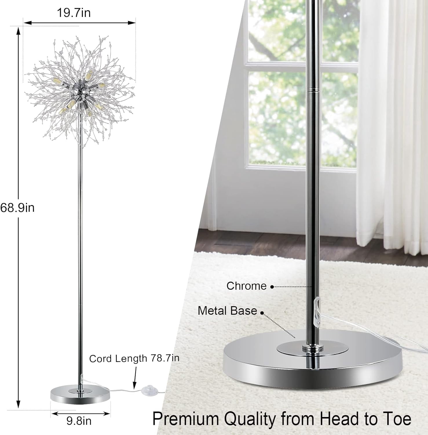 Miniyam 69 inch Crystal Floor Lamp, Modern Standing Lamp with K9 Crystal, LED Floor Lamp with On/Off Foot Switch, Gold