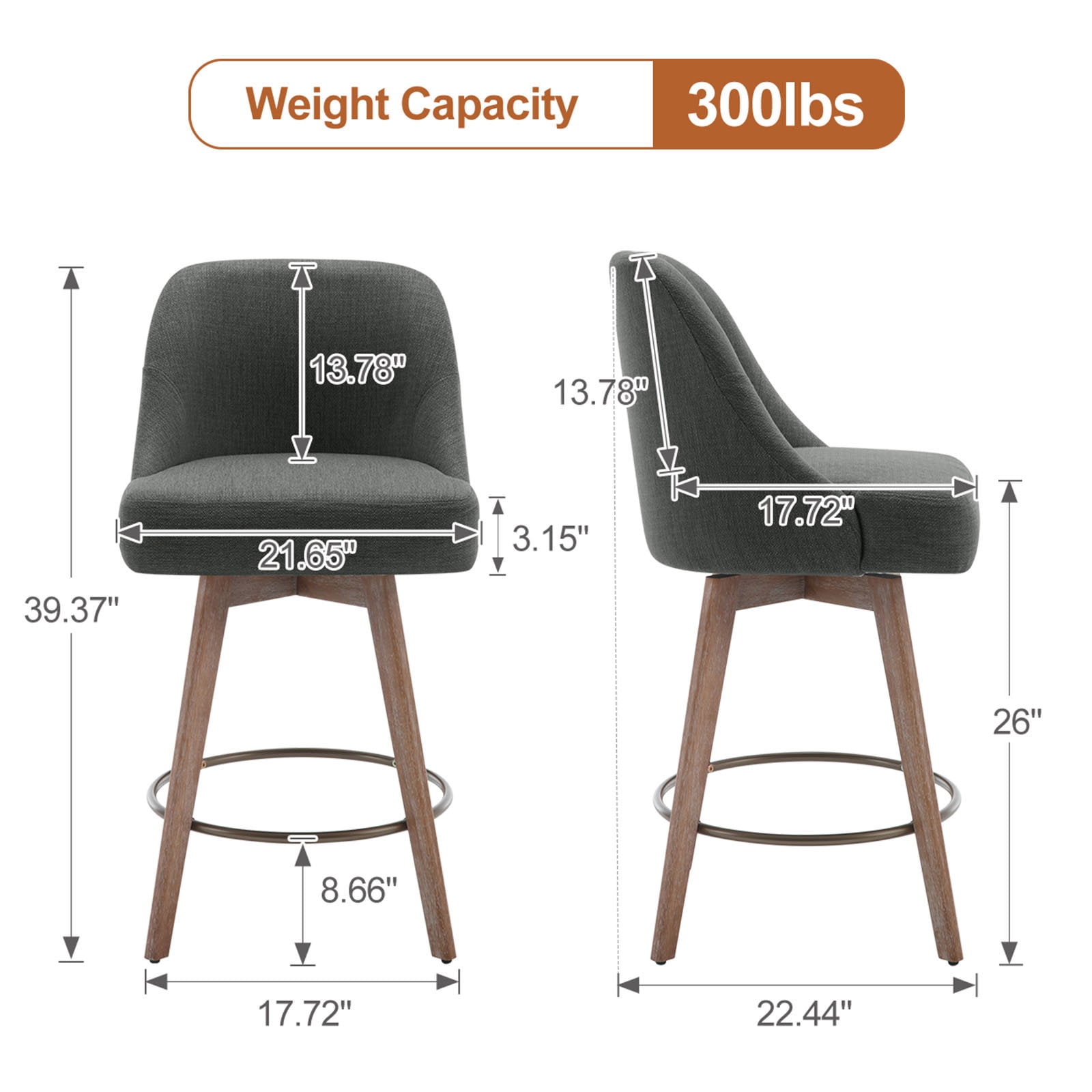ANMINY Counter Height Bar Stools Set of 1, 26" Seat Height Upholstered Linen Fabric Swivel Barstools with Mid-Back Modern Chairs Island Stools for Home Bar Kitchen Pub