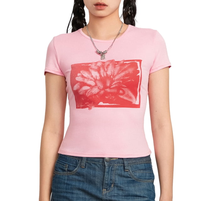 SUNSIOM T-Shirt Décontracté à Manches Courtes Col Rond Imprimé Lotus pour Femmes Streetwear