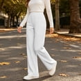 thumbnail image 2 of Women's Ribbed Knit Wide Leg Pants Elastic High Waist Loose Fit Lounge Palazzo Pants with Pockets Soft Cozy Fall Winter Pajama Trousers White, 2 of 8