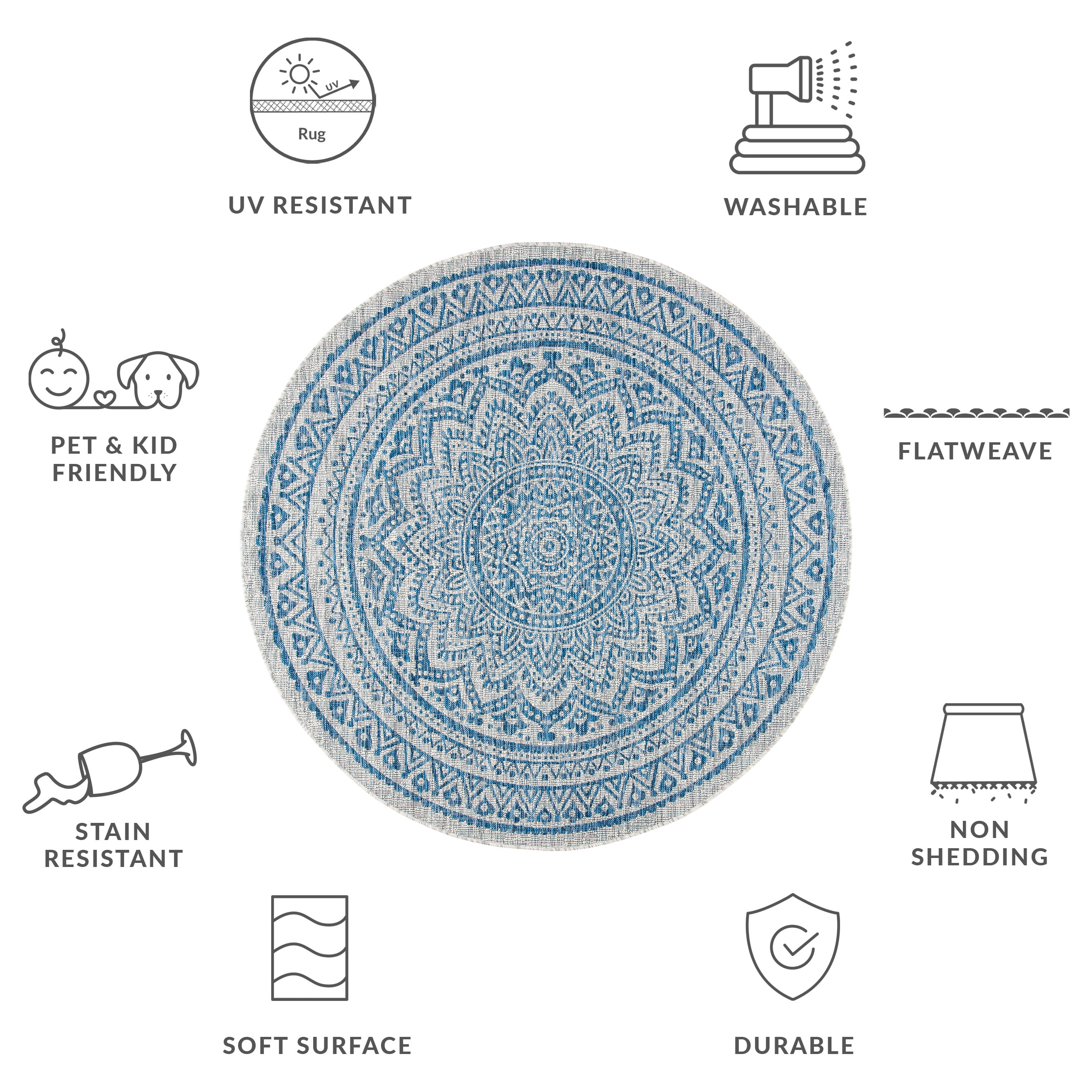 SAFAVIEH Courtyard Josiah Floral Medallion Indoor/Outdoor Area Rug, 5'3" x 5'3" Round, Light Grey/Blue