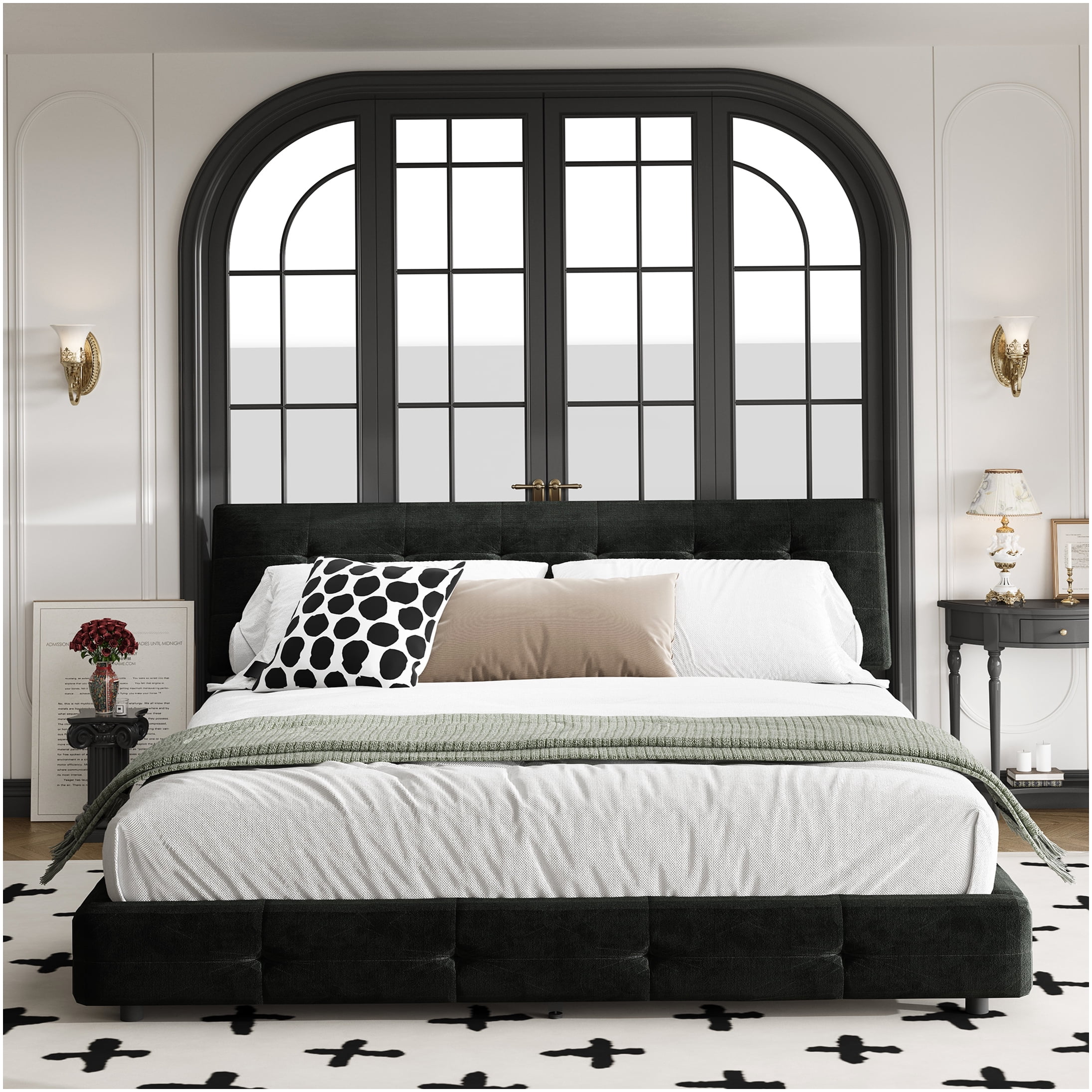 King Size Upholstered Platform Bed Frame with Cloud Pillow Headboard, No Box Spring Needed, Sturdy Metal and Wood Support, Silent and Stable, in Black Chenille Fabric