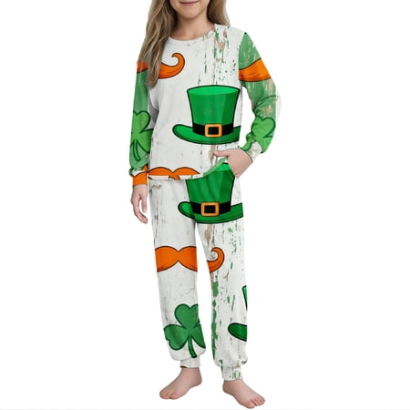 Makaor Summer Sets for Kids Boys Girls St Patricks Day 2 Piece Green Lounge Sets Matching Beach Vacation Outfits Long Sleeve Tops Long Pants Travel Clothes