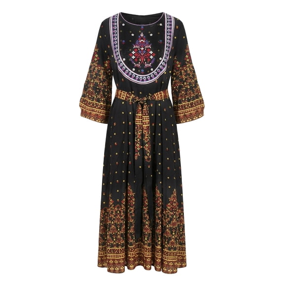 Women's Boho Embroidered Maxi Dress Long Sleeve Floral Printed Belted Swing Vacation Beach Dress