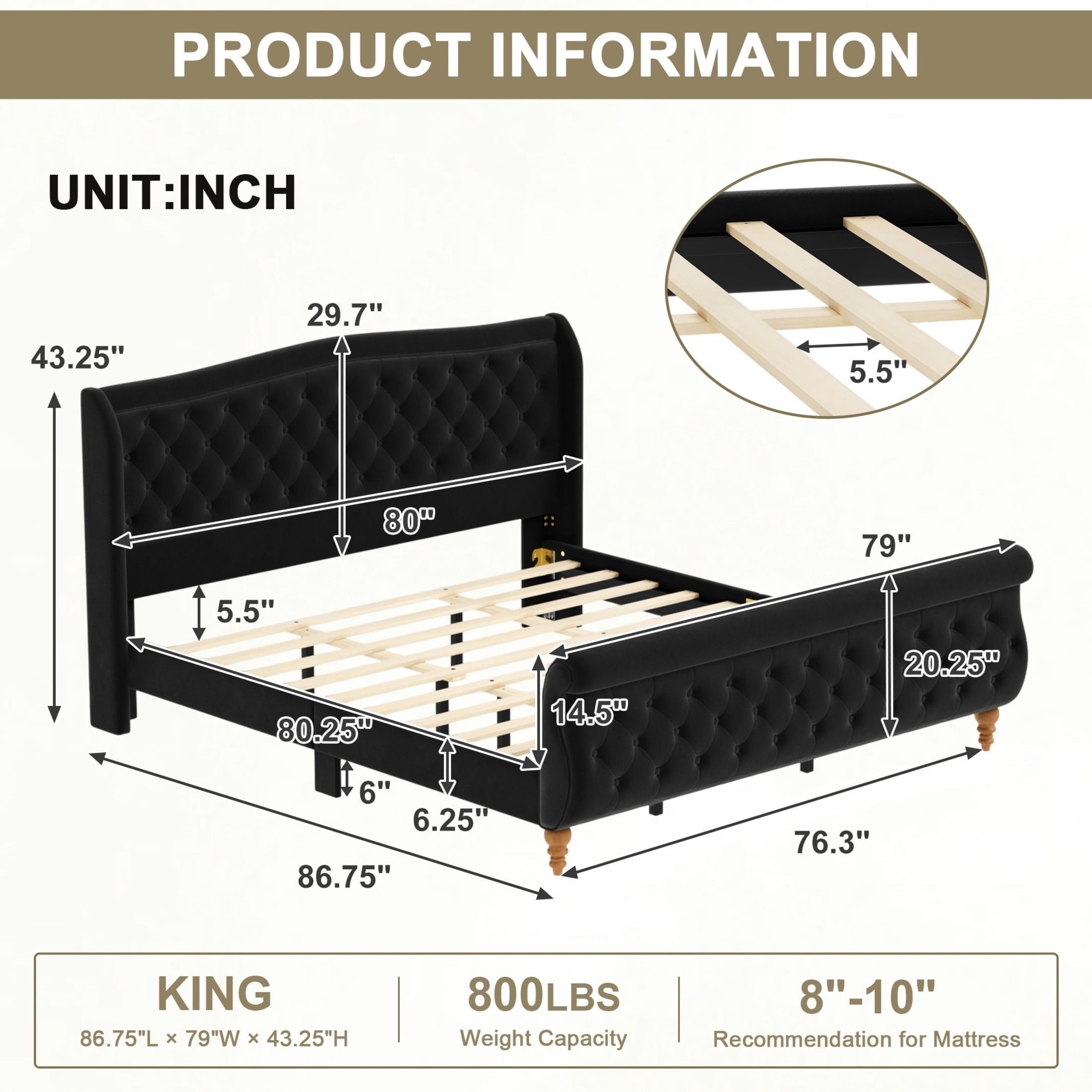 GDF Studio Orlan King Size Velvet Upholstered Sleigh Platform Bed Frame with Wood Slat Support, Modern Design, Black