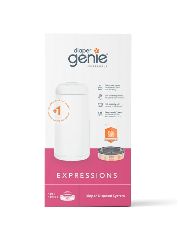 Diaper Genie Expressions Pail White, Odor-Controlling Diaper Disposal System, One Pail & One Refill