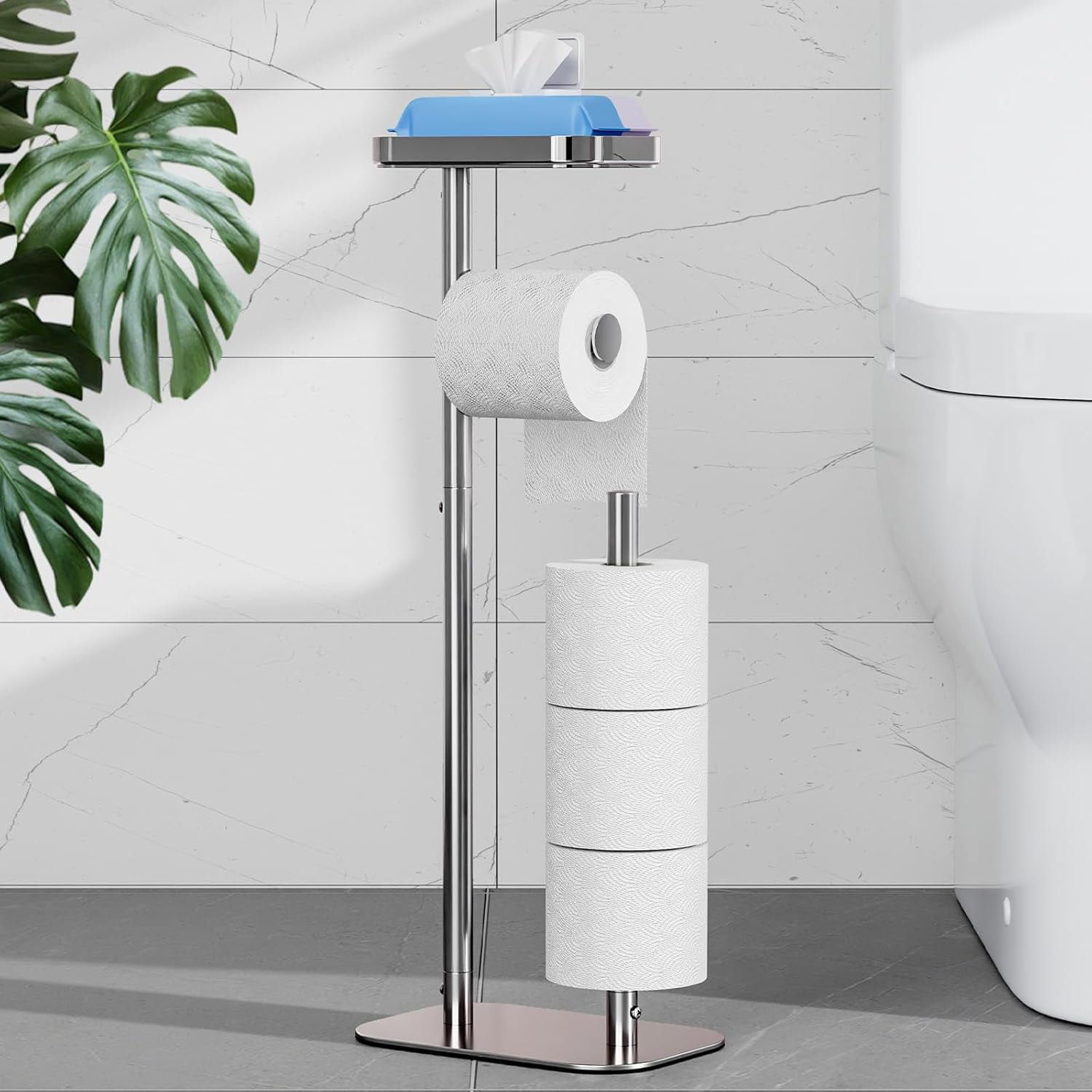 Toilet Paper Holder Free Standing – Rustproof Metal Toilet Paper Stand for 4 Rolls with Anti-Slip Base and Shelf for Phone & Small Items, Bathroom Organizers and Storage, Medium