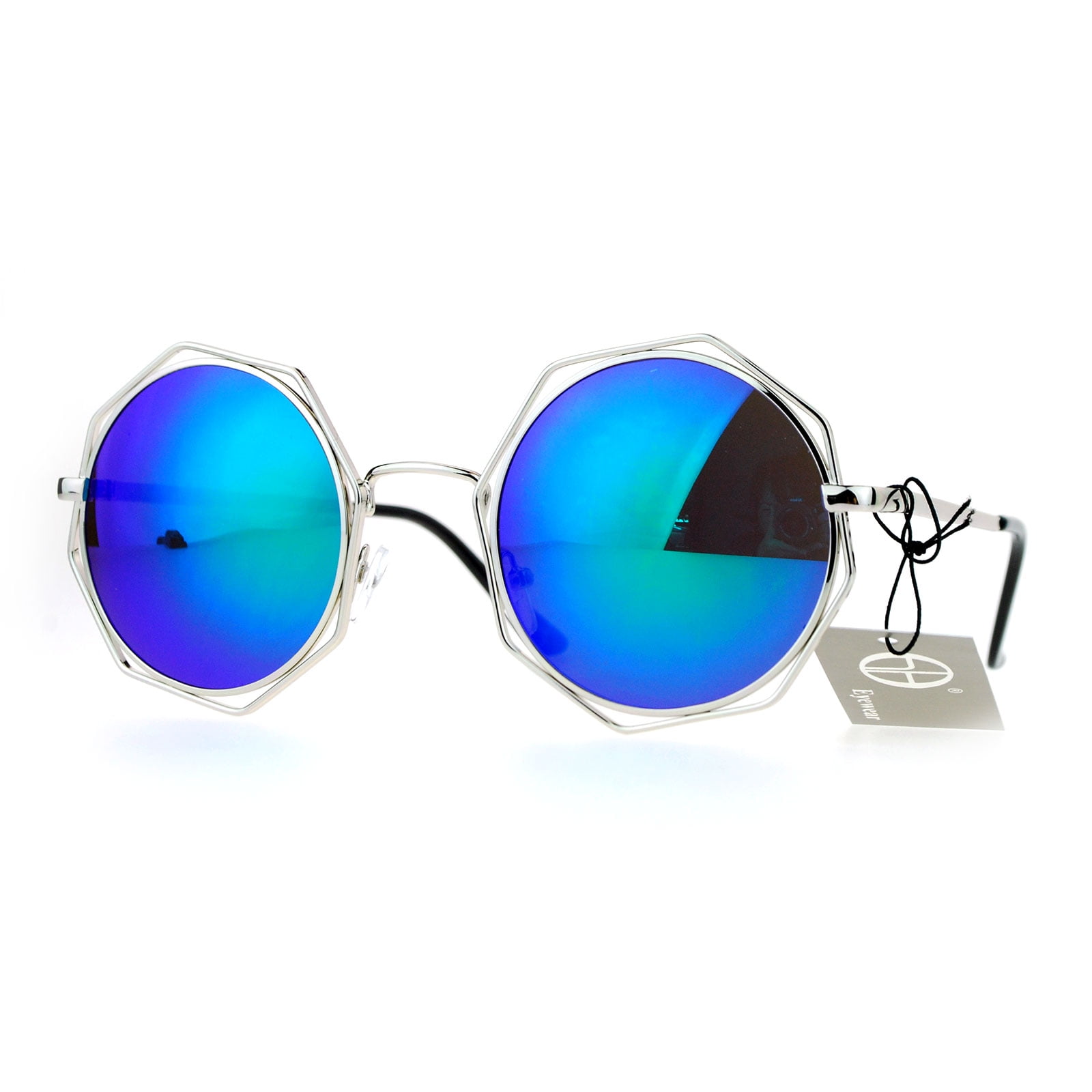 Sa106 Octagonal Double Rim Circle Lens Womens Sunglasses Silver Teal 