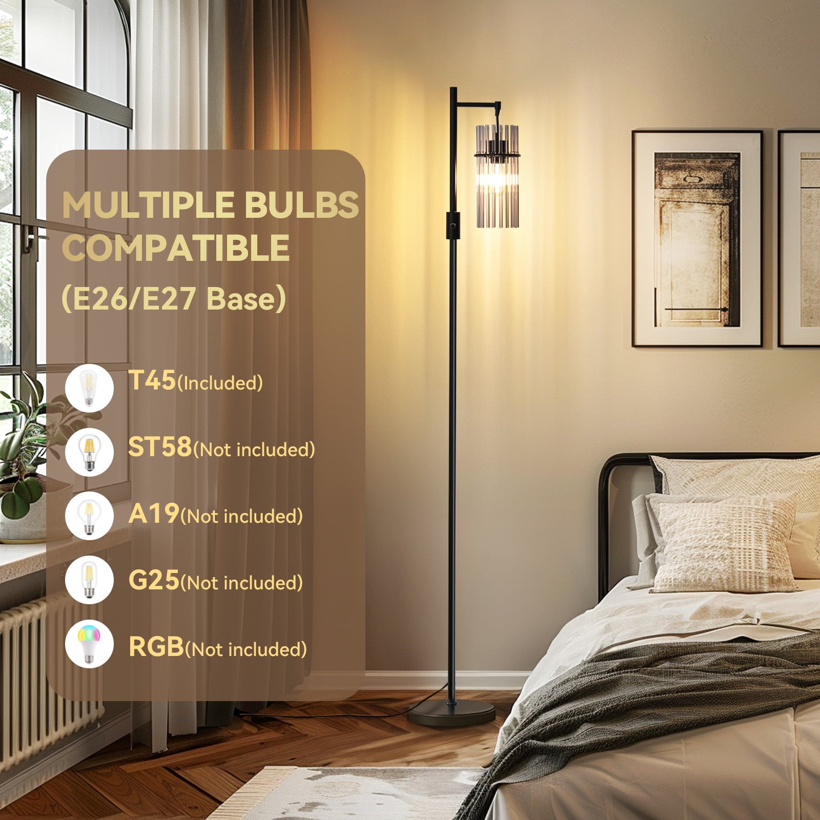 Industrial Floor Lamps for Living Room, Dimmable Floor Lamp Modern Standing Lamps with Glass Lampshade, Rotary Switch, LED Bulbs, Tall Lamps for Bedroom, Office (1 Lampshade