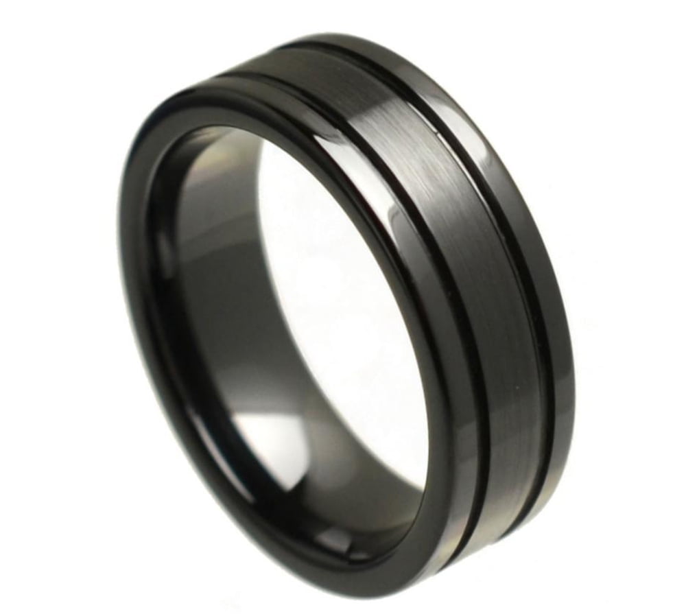 Tungsten Jeweler 8mm Ceramic Flat High Polished Grooved Brushed