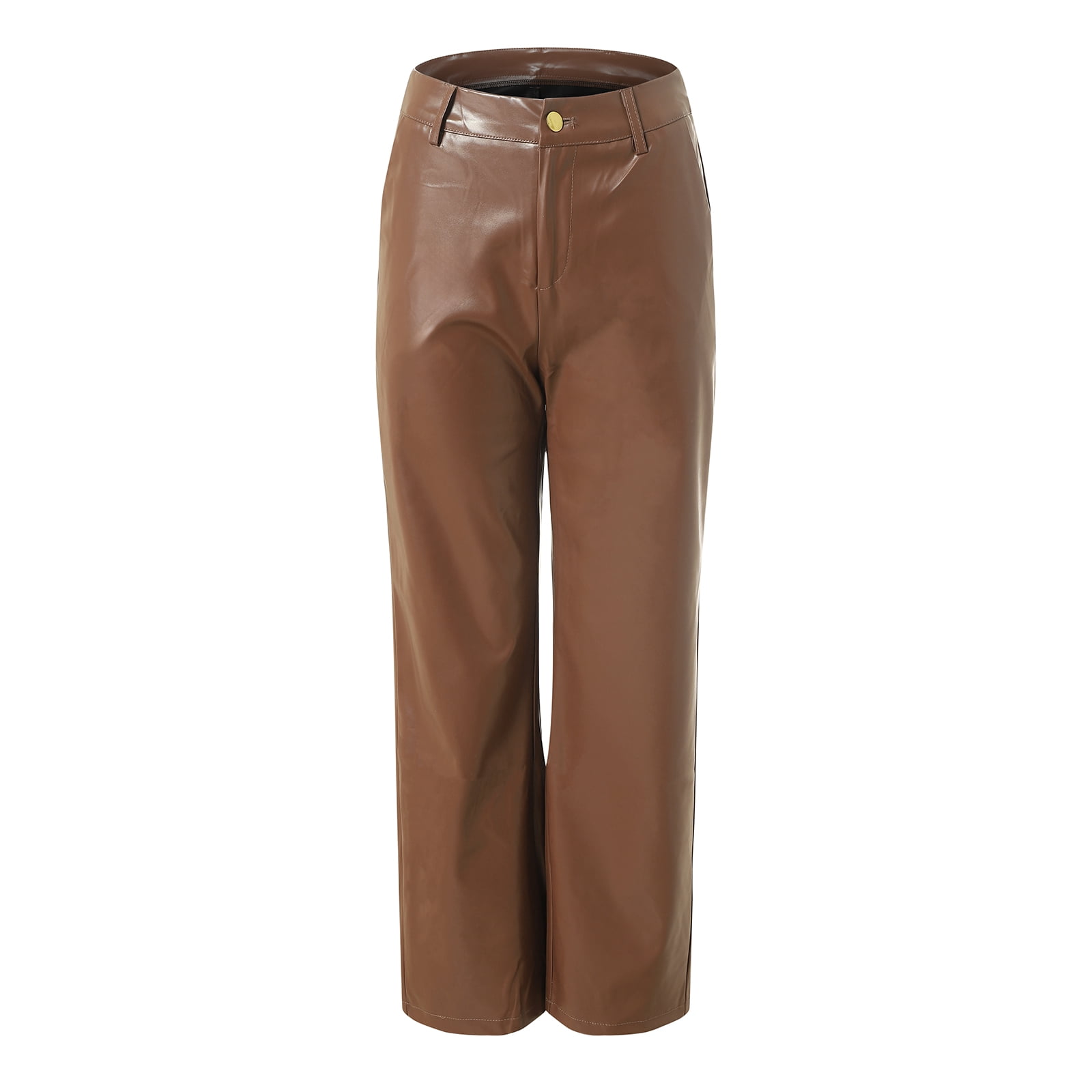 vigerkar Women's Faux Leather Pants Button PU Jeans Straight Wide Leg Trousers with Pockets (Brown, XXL)