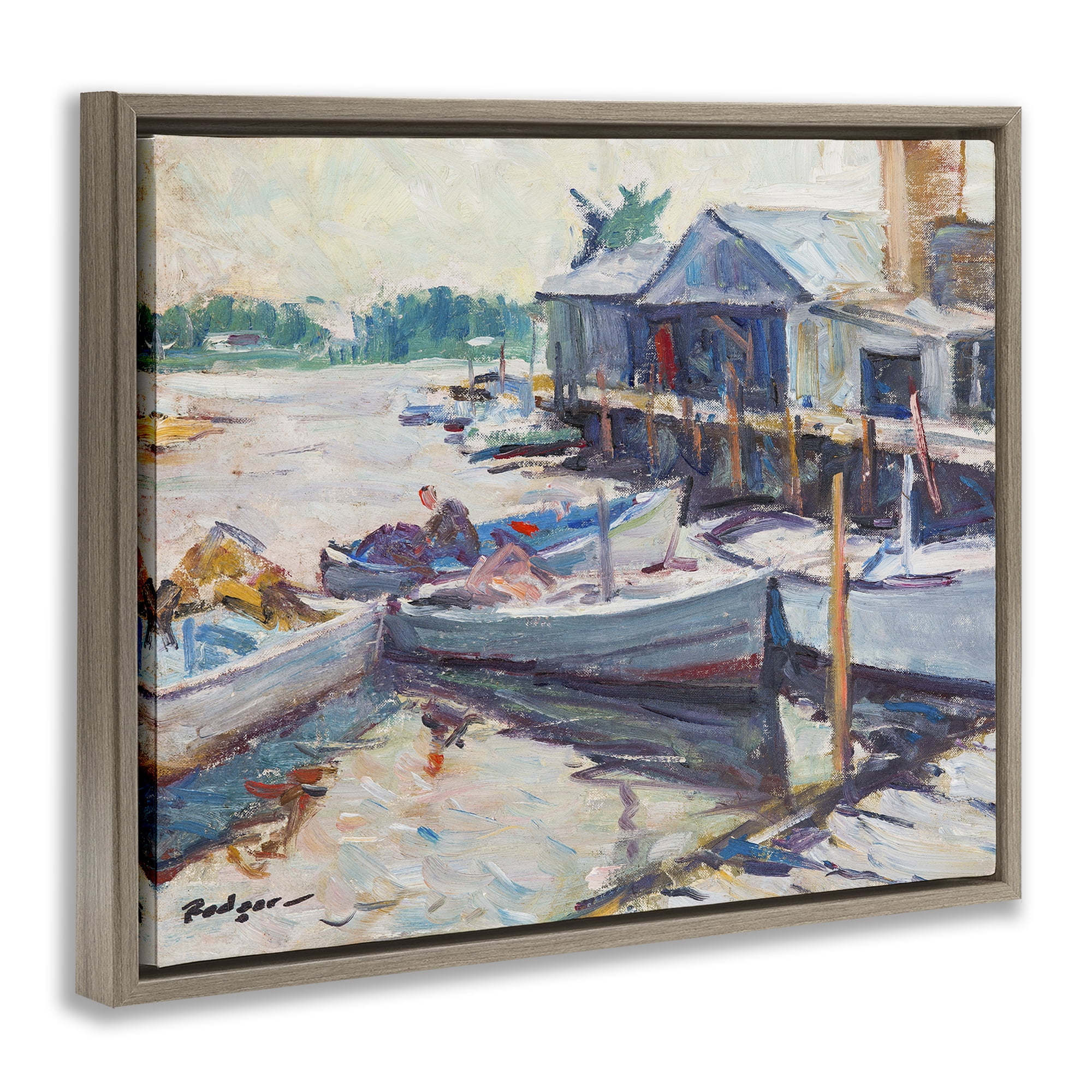 Stupell Industries Scenic Boat Marina Landscape & Nature Painting Brown Floater Framed Canvas Art Print Wall Art, 31 x 25