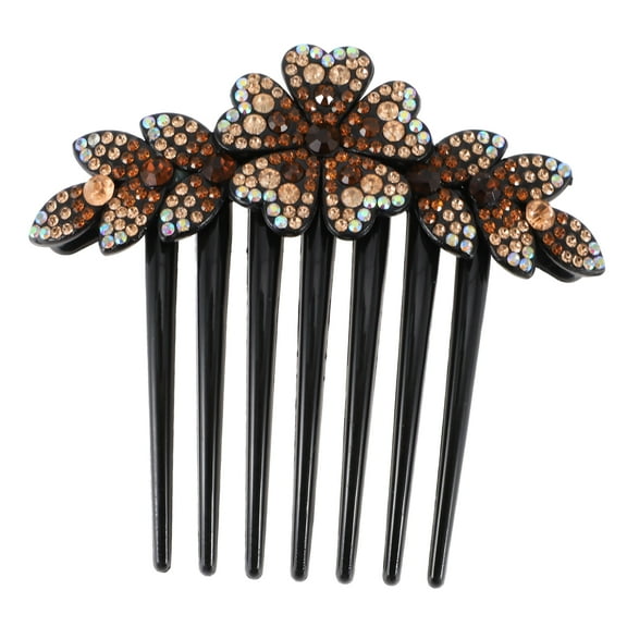 1 Pc Women Lightweight Hair Insert Comb for Straight Wavy Curly Hair Brown Resin Rhinestone