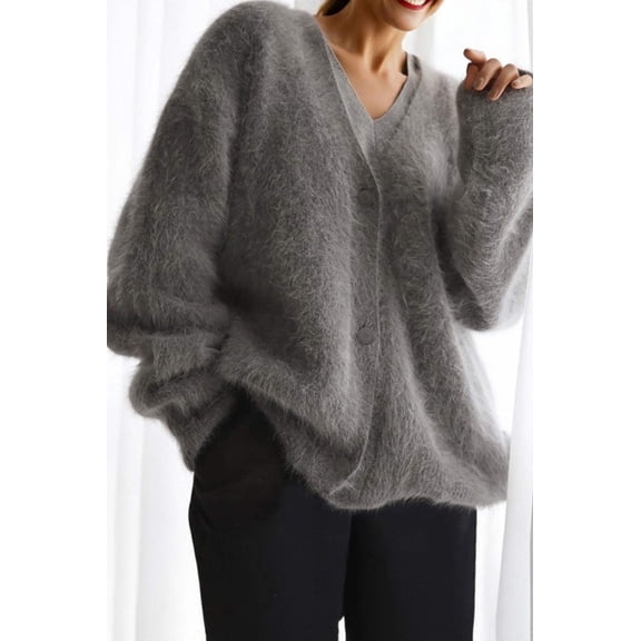 Solid Mohair V-Neck Fuzzy Knit Sweater Cardigan