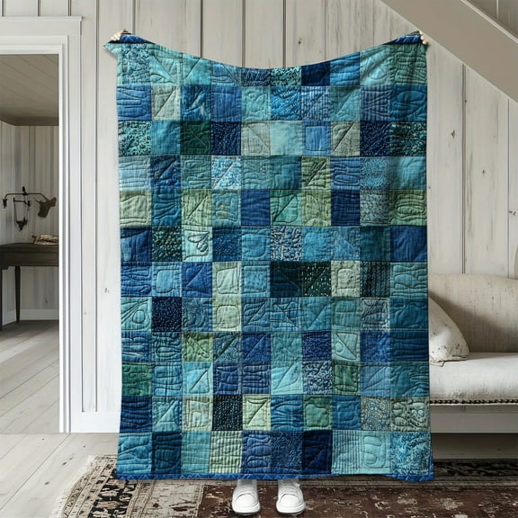 [Soft Flannel Blanket] Soft Warm Blue-Green Geometric Patchwork Flannel Blanket |  Lightweight 250-300g, All-Season Throw for Sofa Bed Car Camping Office | Cozy Gift for Home De