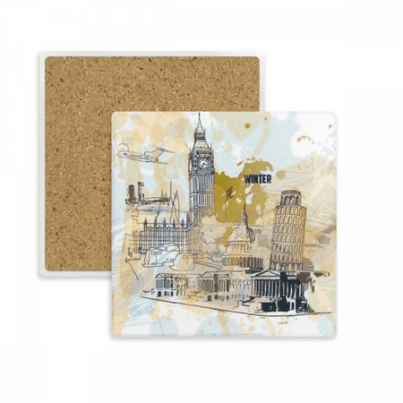 

Travel Landmark Big Ben Leaning Tower of Pisa Square Coaster Cup Mat Mug Subplate Holder Insulation Stone