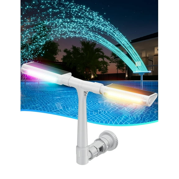 Meottam Solar Power Pool Fountain with Colorful Lights – Auto Light Sensing, Remote-Controlled, Dual-Head Adjustable Sprinkler, Compatible with Above/Inground Pools (White)