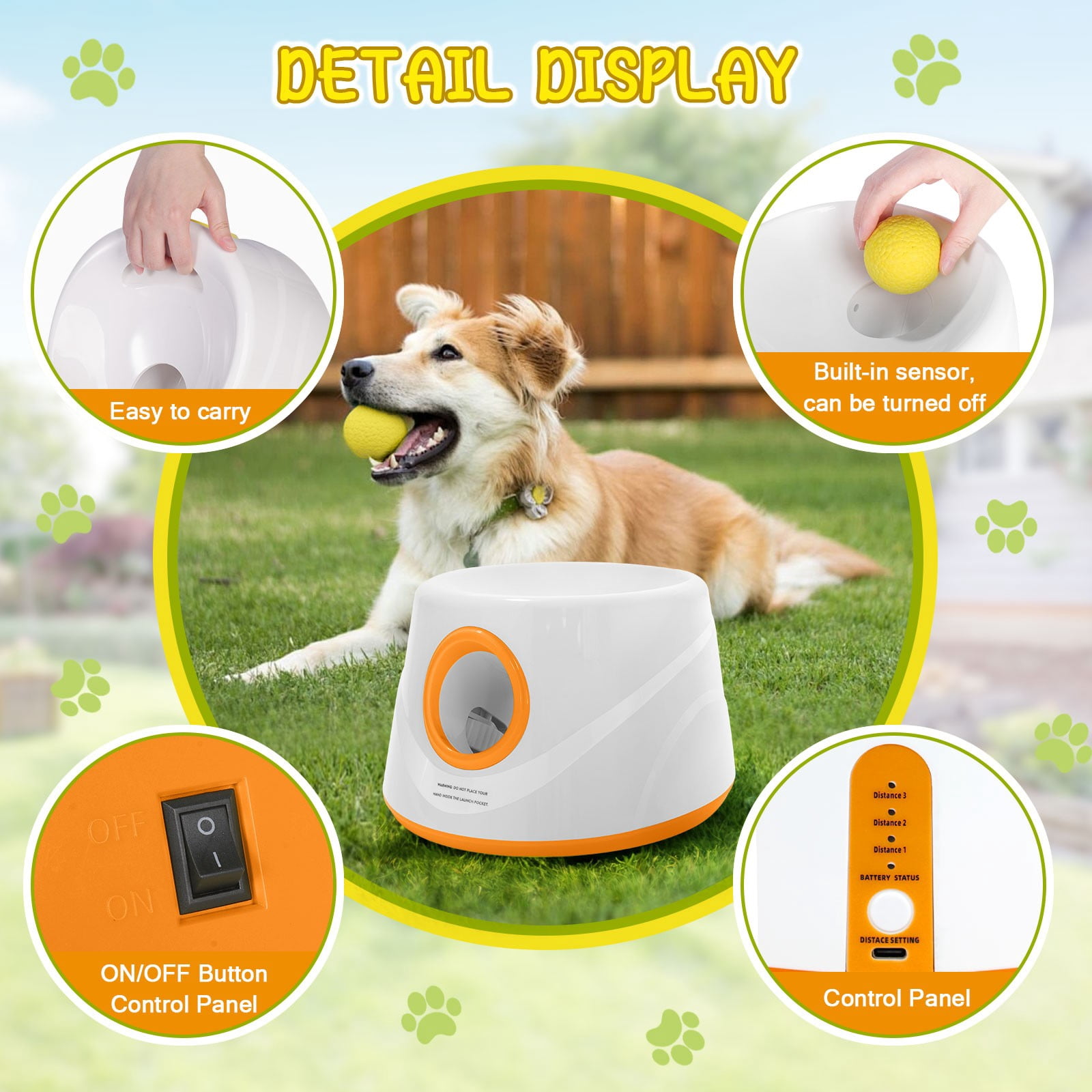 TOPCHANCES Automatic Tennis Ball Launcher for Dogs, Interactive Dog Toys for Samall & Medium Dogs, Dog Ball Thrower with 3 Launching Distance (19/32/45 ft), 5 Balls Included (Orange)