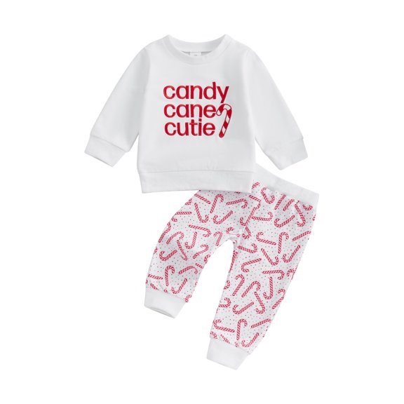 Baby Toddler Boy Girl Christmas Outfits, 0 6 12 18 24 Months 2T 3T Letter Embroidery Pullover Sweatshirt Candy Cane Print Elastic Waist Pants 2 Piece Clothing Set