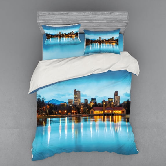 Ambesonne Urban Bedding Set 4 Pcs, Ferril Lake at Morning, Queen, Sky Blue Yellow Orange