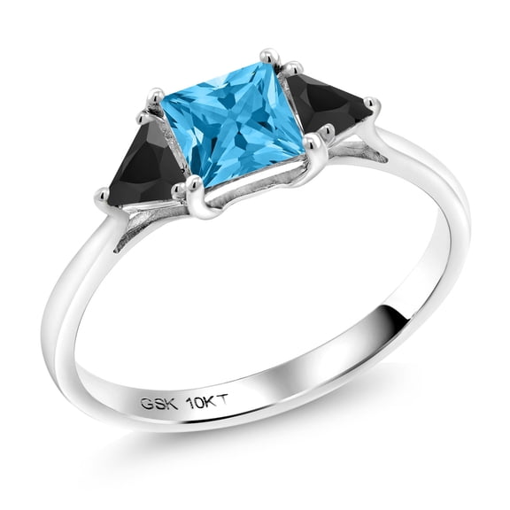 Gem Stone King 10K White Gold Swiss Blue Topaz and Black Onyx 3 Stone Engagement Ring for Women (1.04 Cttw, Gemstone November Birthstone, Princess Center 5MM, Trillion 3.5MM, Size 9)