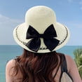 thumbnail image 4 of 55-58cm hat circumference hat female summer outdoor seaside big eaves sunscreen sunshade straw hat bow foldableOff-white, 4 of 5