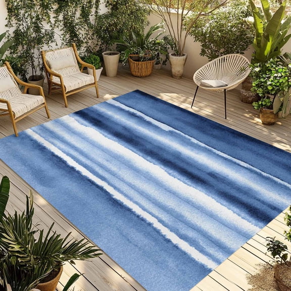 Blue Stripes Outdoor Rug for Patio/Deck/Porch, Non-Slip Large Area Rug 5 x 7 Ft, Watercolor Retro Ombre Abstract Tie Dye Art Indoor Outdoor Rugs Washable Area Rugs, Camping Rug Carpet Runner