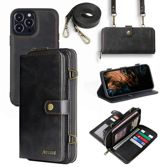 Wallet Case for iPhone 13 Pro Max [2 in 1] Magnetic Detachable Wallet Purse [Crossbody Chain] Durable [PU Leather] Zipper Handbag Folio Flip Card Solt Protection Back Cover