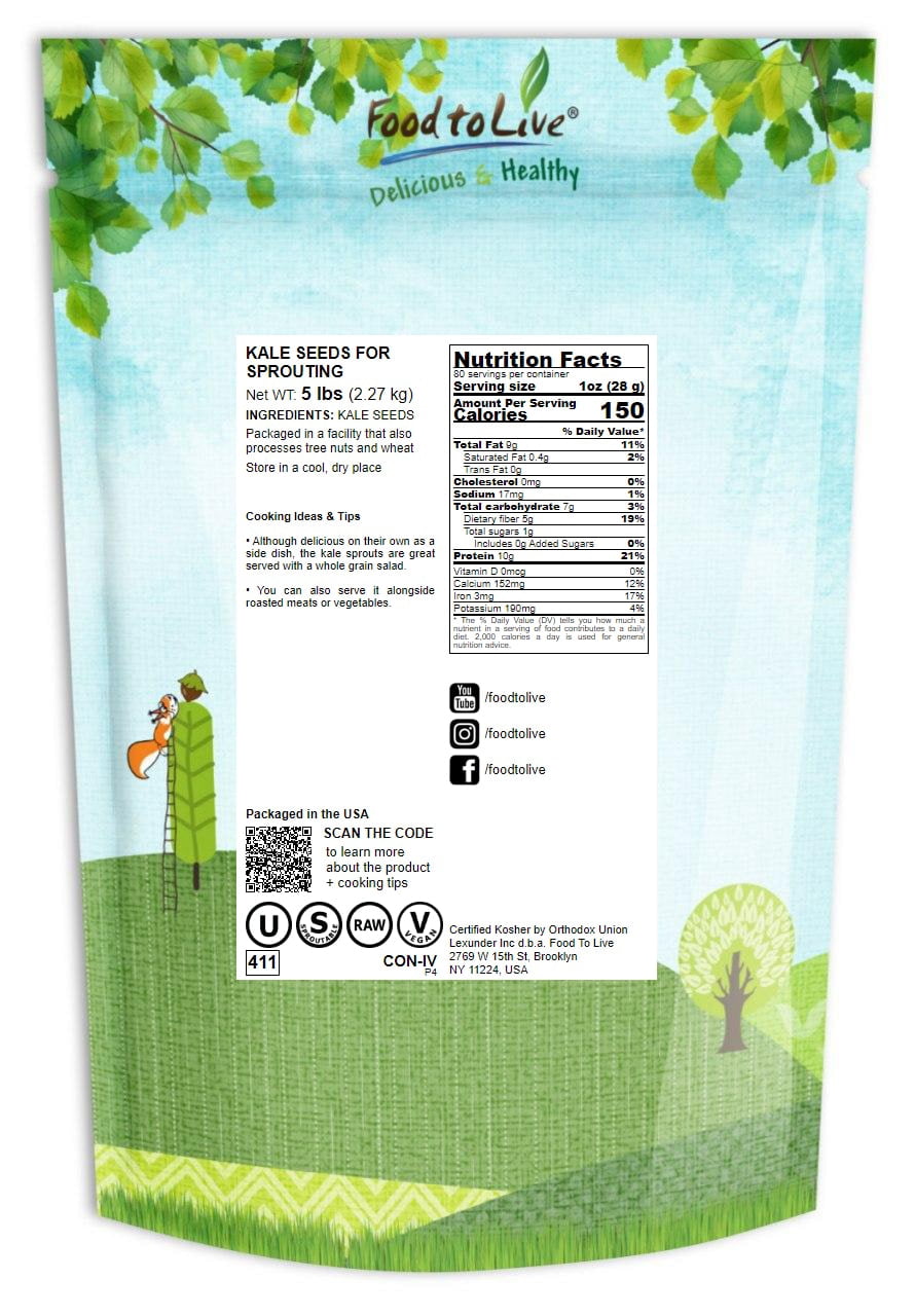 Kale Sprouting Seeds, 5 Pounds — Raw, Vegan, Kosher — by Food to Live