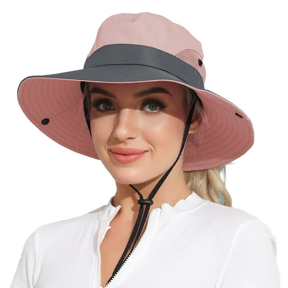 ROYAL MATRIX Women's Outdoor UV Protection Sun Hat Foldable Fishing Hats Mesh Wide Brim Beach Cap with Ponytail Hole Pink & Grey