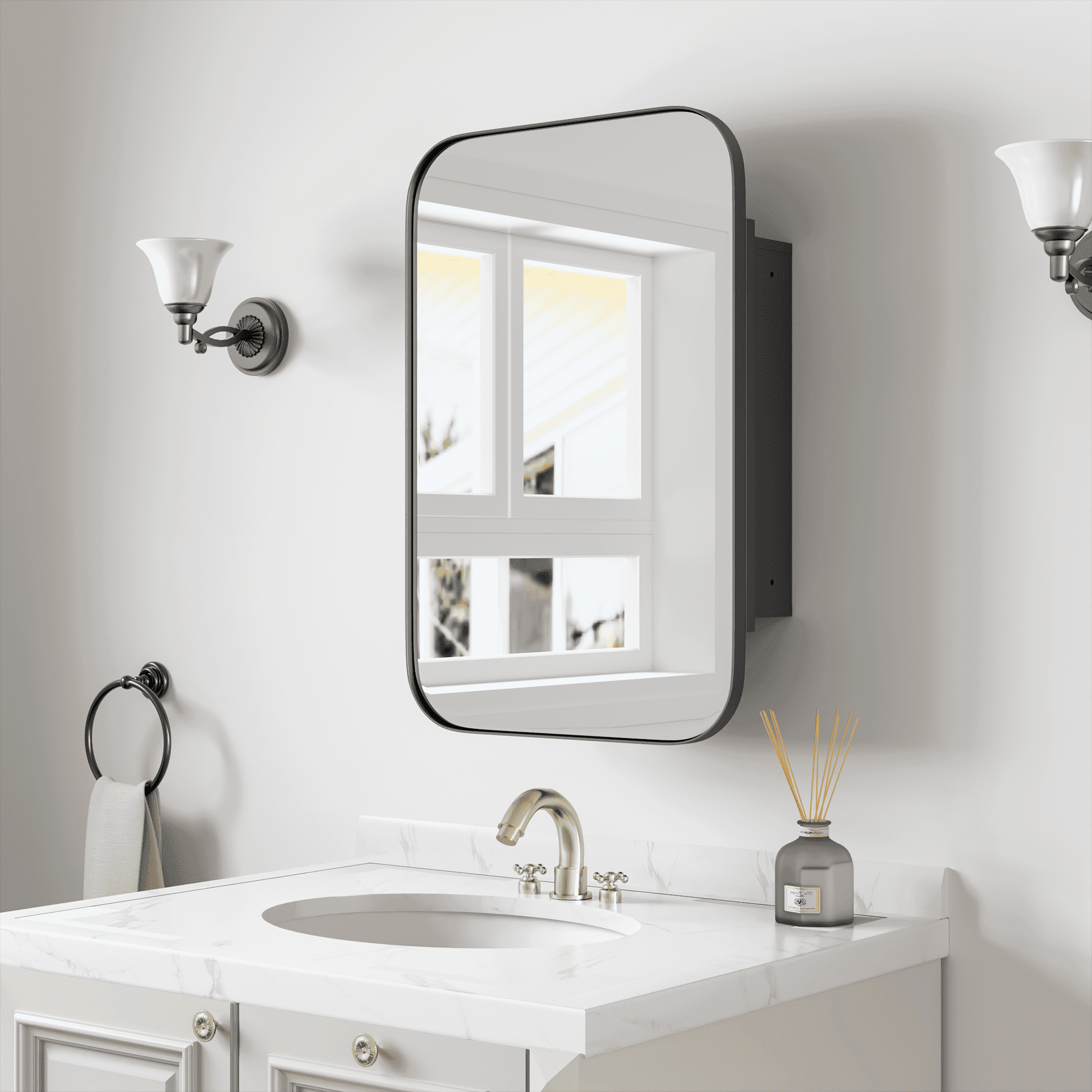 MAYEERTY 10"×7" Model H Black Iron Rectangular Mirror Cabinet Rounded Corners, Space-Saving for Small Bathrooms
