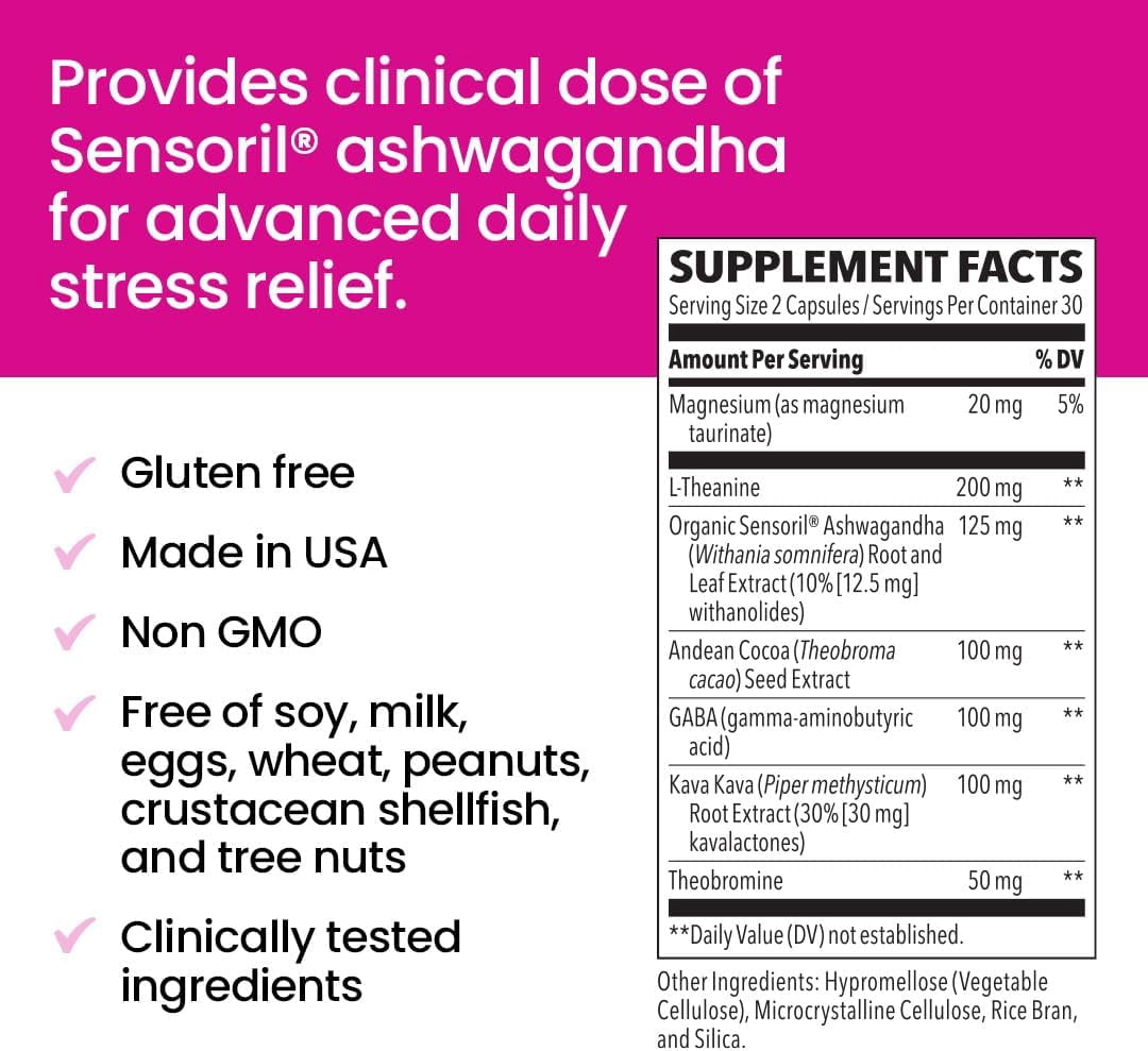NeuroQ Calm Focus Capsules - Stress Relief Supplement - Supports Mental Function & Relaxation - Sensoril Ashwagandha, Magnesium, GABA, L-Theanine, Andean Cocoa & Kava Kava - 60 Capsules