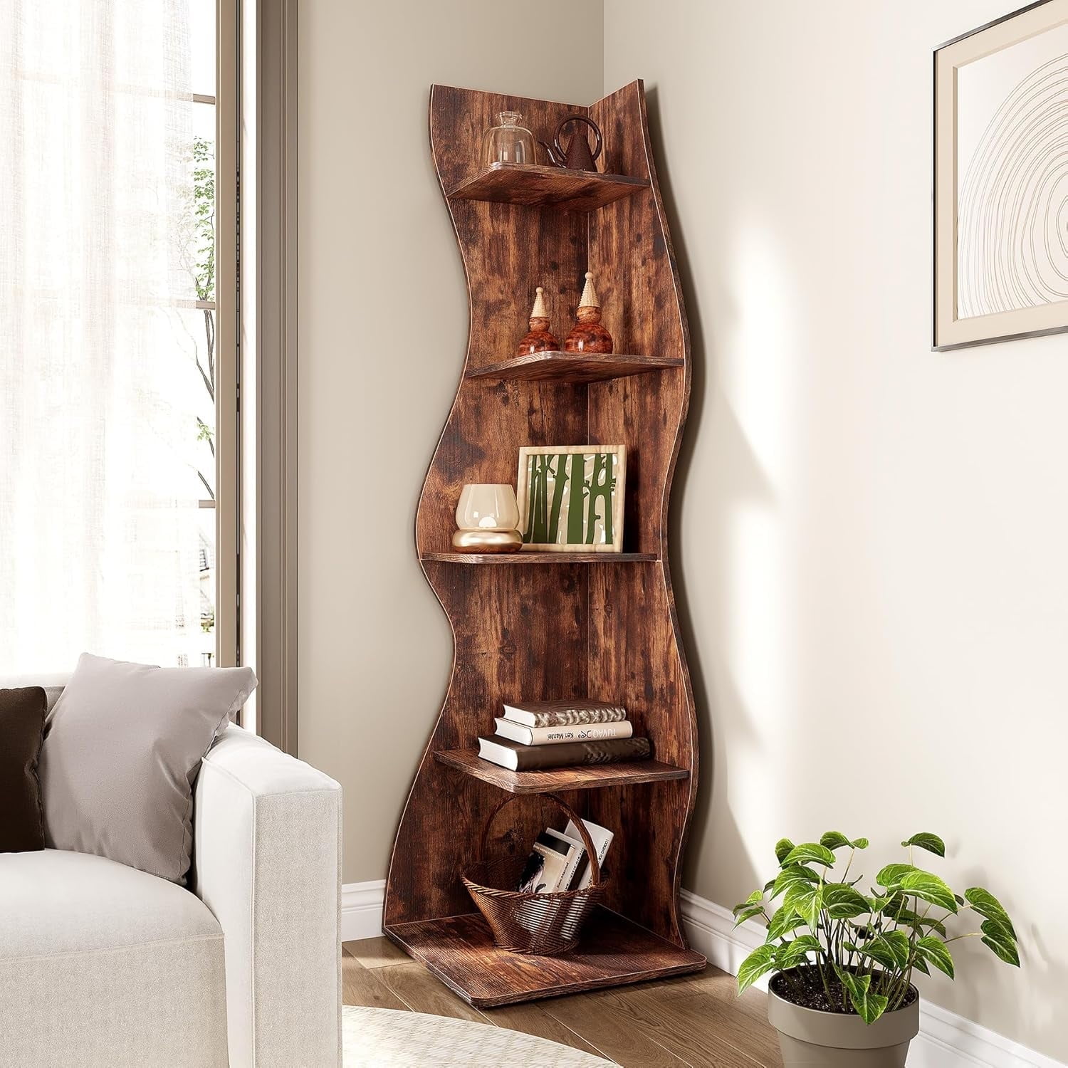 Tribesigns Small Corner Shelf, 5-Tier Modern Corner Bookcase for Small Space, Living Room (Brown)