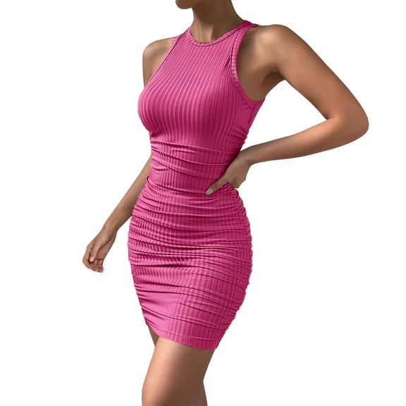Prolriy Dresses for Women 2024 Women's Sleeveless Round Neck Pleated Tight Elastic Package Hip Dress Womens Dresses Hot Pink L