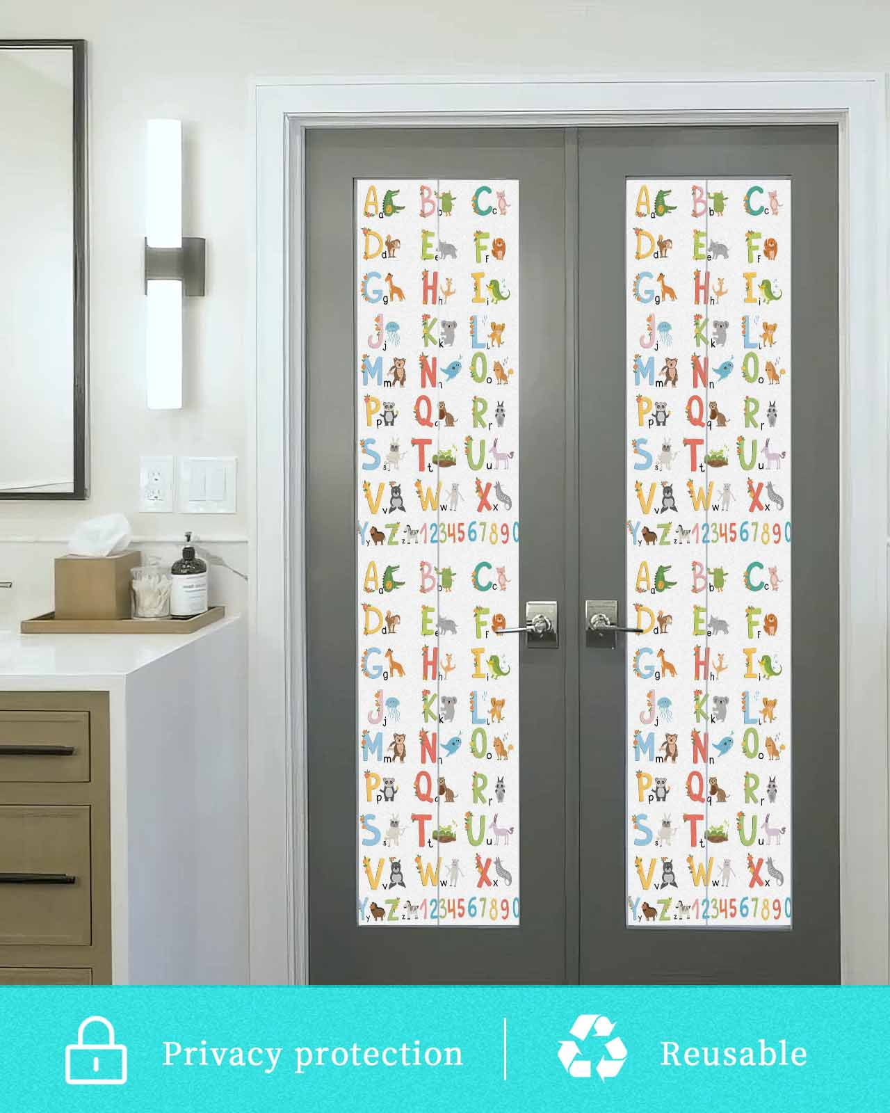 Window Privacy Film Children's Alphabet Stained Glass Window Film Decorative Sun Block Window Cover Colorful Cute Animals Numbers Window Clings Static Adhesive Sticker for Bathroom 29.5"x118"